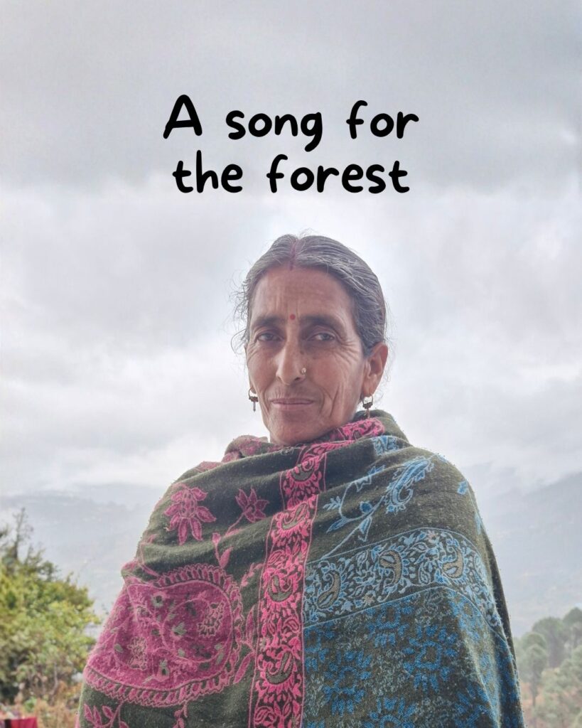 The forested foothills of the Himalayas are prone to cataclysmic fires. Development and deforestation have collided with climate change to make these places dryer and fire-prone. In the Indian state of Uttarakhand, communities in mountain villages have been stewarding their forests; yet they often find themselves fighting larger forces of destruction. Women play a significant role in fighting fires and planting and tending to trees. We recorded this song in the Garhwali language in Jardhar village. Scripted and sung by Mangni Devi who is the forest guard for Jardhar, the song highlights the plight of their forests.
