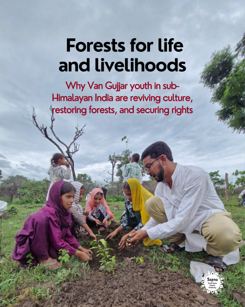 Van Gujjars are forest dwelling pastoralists living in India’s sub-Himalayan region. For centuries, they have migrated with their native Gojri buffaloes – up to alpine meadows in summer and returning to the river flats before winter. Their migrations are known help tree growth through careful branch lopping and propagation through seed dispersals by the buffaloes. The UN recognises such migrations, known as transhumance, as climate resilient practices. But development and ‘fortress environmentalism’ are pushing Van Gujjar communities out of their forests. Read about a youth collective’s work to revive cultural stories and secure rights for Van Gujjar communities.